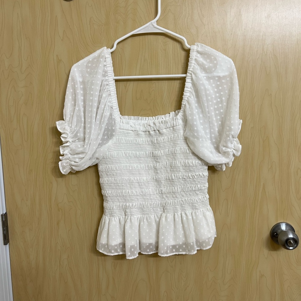 Never worn - express white smocked puff sleeve top.